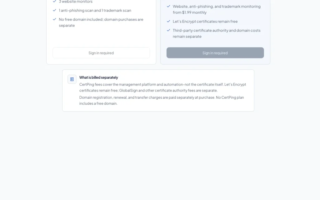 CertPing pricing page with plans and prices — screenshot of the productivity & writing AI tool, Oct 2, 2026