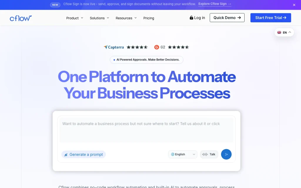 Cflow page d'accueil — capture d'écran de l'outil d'IA productivité et rédaction, Oct 1, 2026