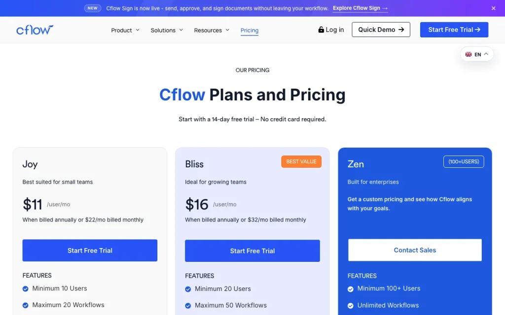 Cflow pricing page with plans and prices — screenshot of the productivity & writing AI tool, Oct 1, 2026