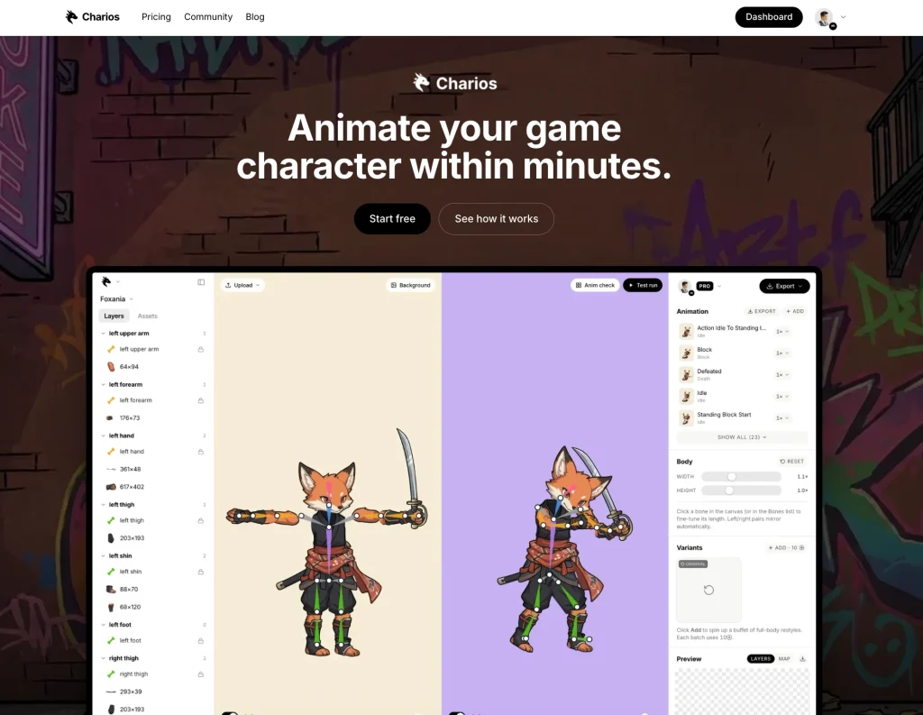 Charios Startseite, Screenshot, KI-Tool video