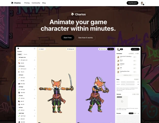 Charios homepage screenshot, video AI tool