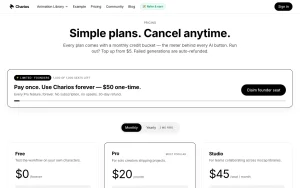 Charios pricing page with plans and prices — screenshot of the video AI tool, 2026-10-02