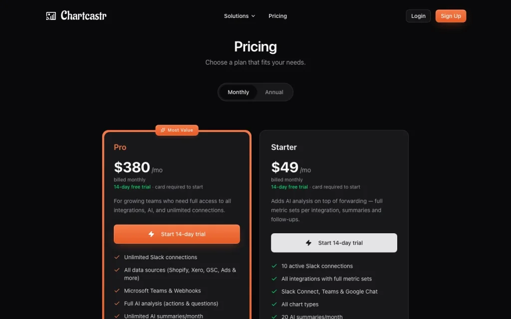 Chartcastr pricing page with plans and prices — screenshot of the productivity & writing AI tool, Oct 1, 2026