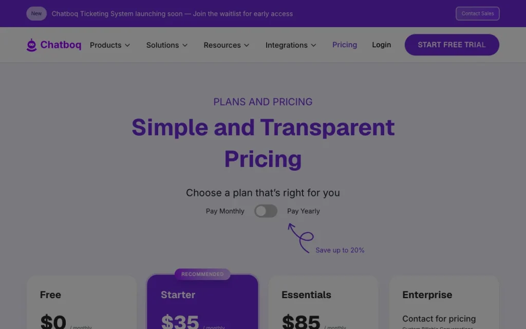 Chatboq pricing page with plans and prices — screenshot of the productivity & writing AI tool, Oct 2, 2026