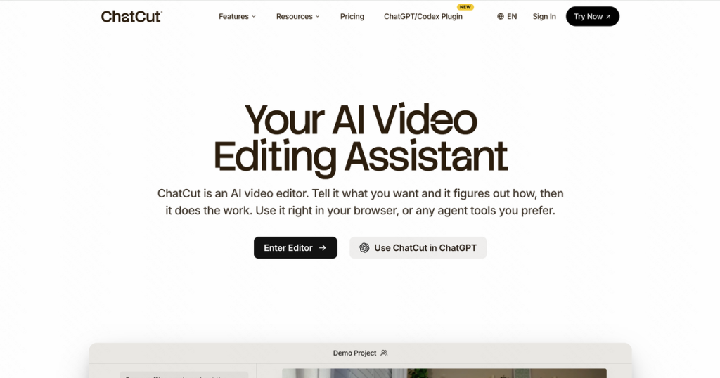ChatCut homepage screenshot, video AI tool