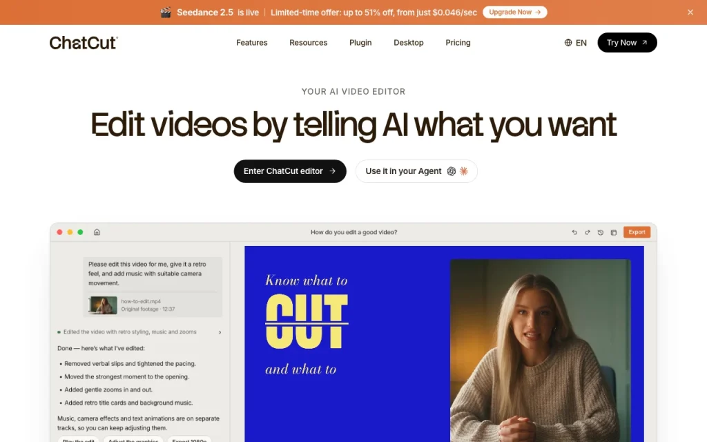 ChatCut homepage — screenshot of the video AI tool, Oct 1, 2026