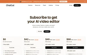 ChatCut pricing page with plans and prices — screenshot of the video AI tool, 2026-10-01