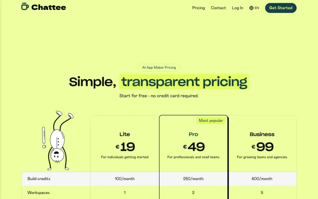 Chattee pricing page with plans and prices — screenshot of the coding AI tool, Oct 1, 2026