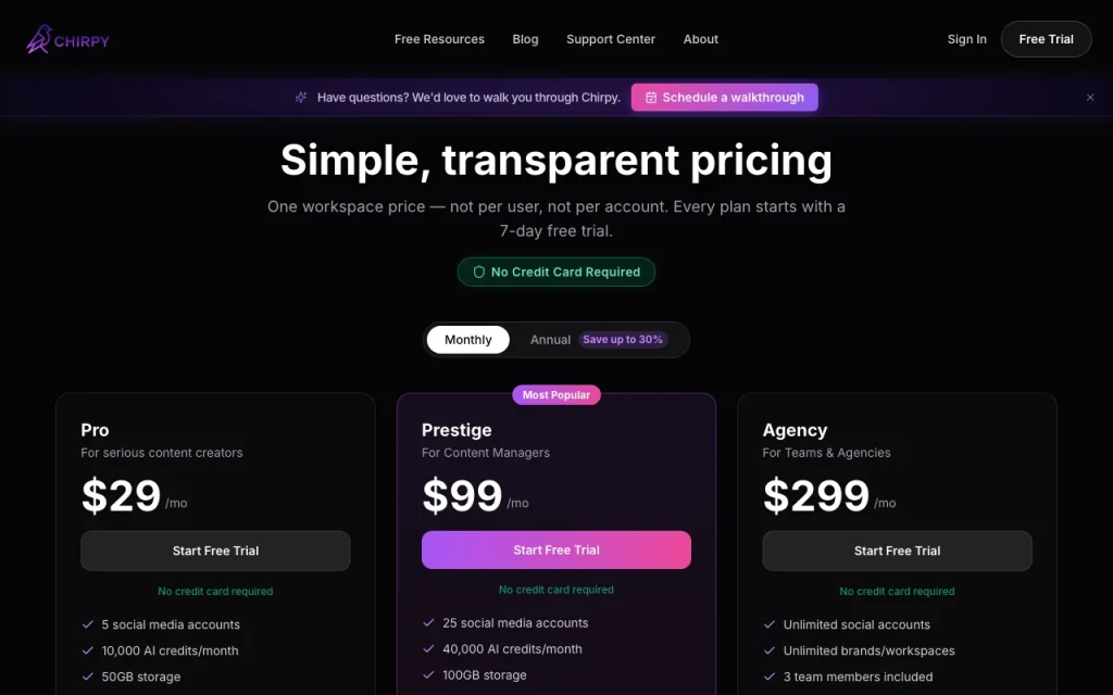 Chirpy page de tarifs avec offres et prix — capture d'écran de l'outil d'IA productivité et rédaction, Oct 2, 2026