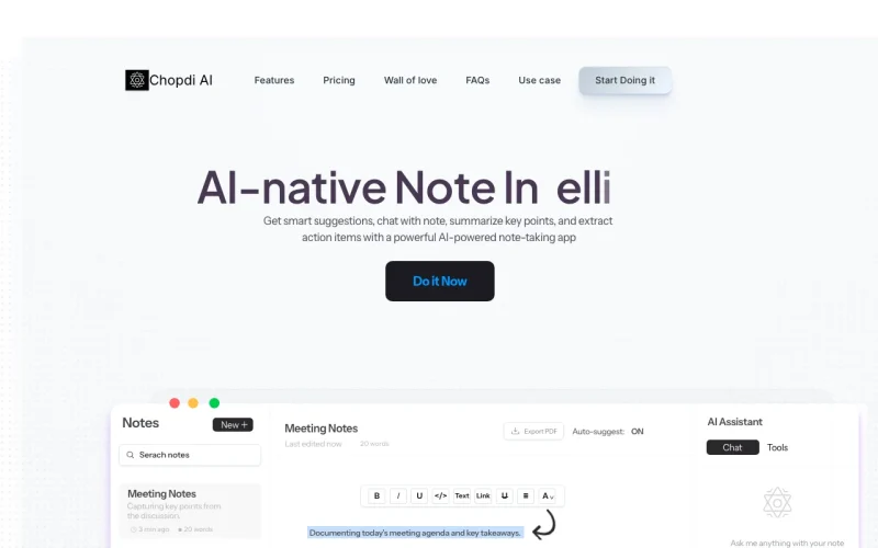 Chopdi AI homepage screenshot, productivity & writing AI tool