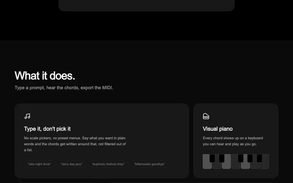 ChordGen Startseite – Screenshot des KI-Tools audio & sprache, Oct 1, 2026