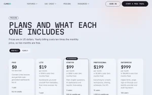 clariBI pricing page homepage screenshot, productivity & writing AI tool