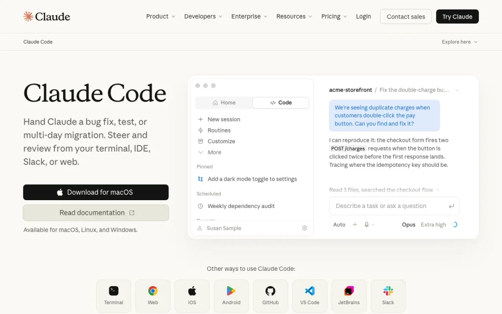 Claude Code homepage — screenshot of the coding AI tool, Oct 2, 2026