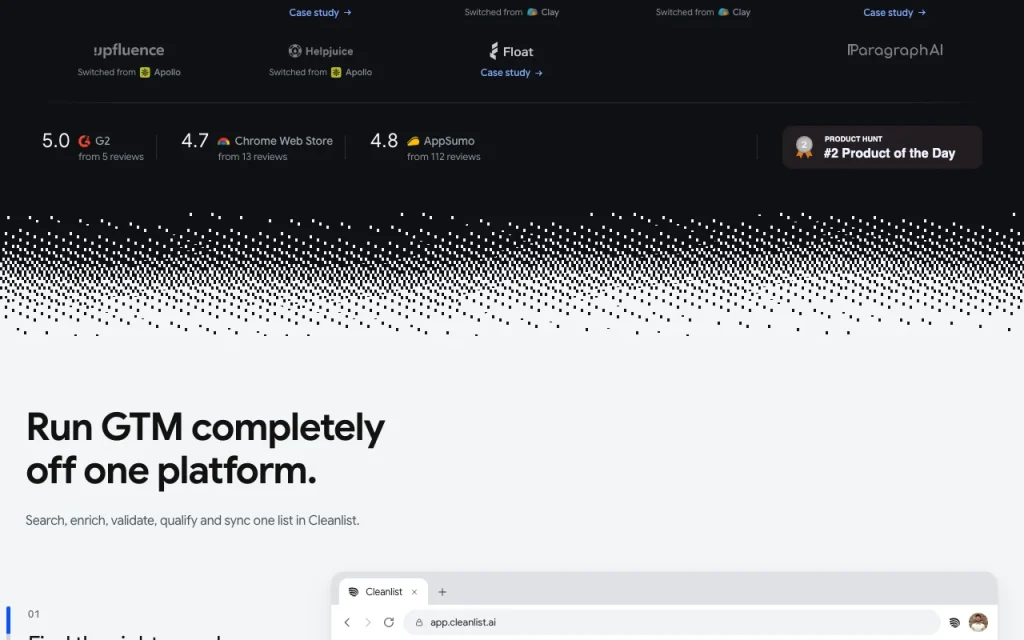 Cleanlist homepage — screenshot of the research & search AI tool, Oct 1, 2026