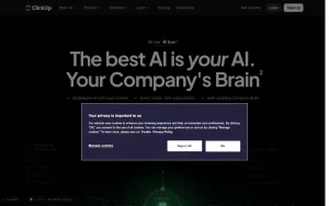 ClickUp Brain homepage page homepage screenshot, productivity & writing AI tool