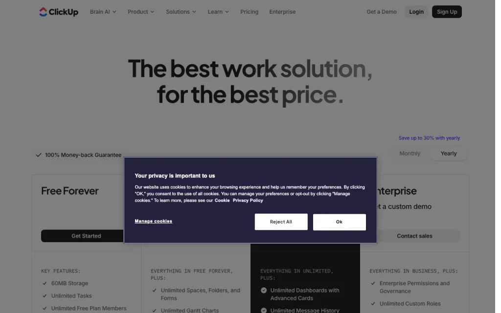 ClickUp Brain pricing page with plans and prices — screenshot of the productivity & writing AI tool, Oct 1, 2026