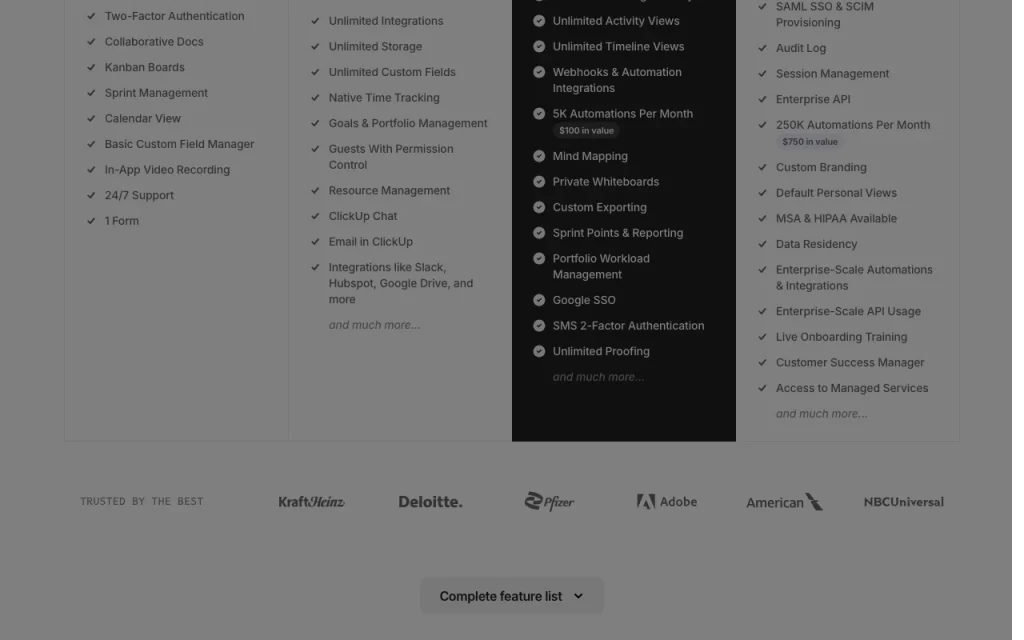 ClickUp Brain pricing page with plans and prices — screenshot of the productivity & writing AI tool, Oct 1, 2026