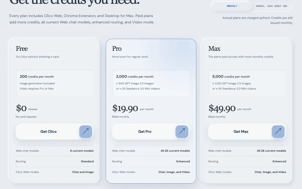 Clico pricing page with plans and prices — screenshot of the chat assistants AI tool, Oct 1, 2026