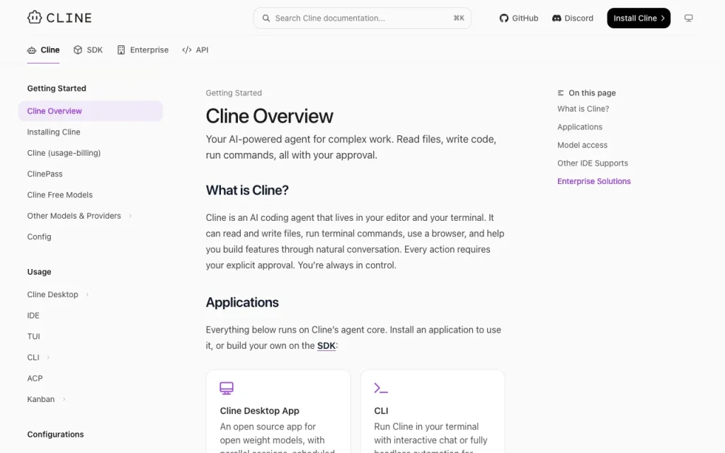 Cline documentation — screenshot of the coding AI tool, Oct 2, 2026