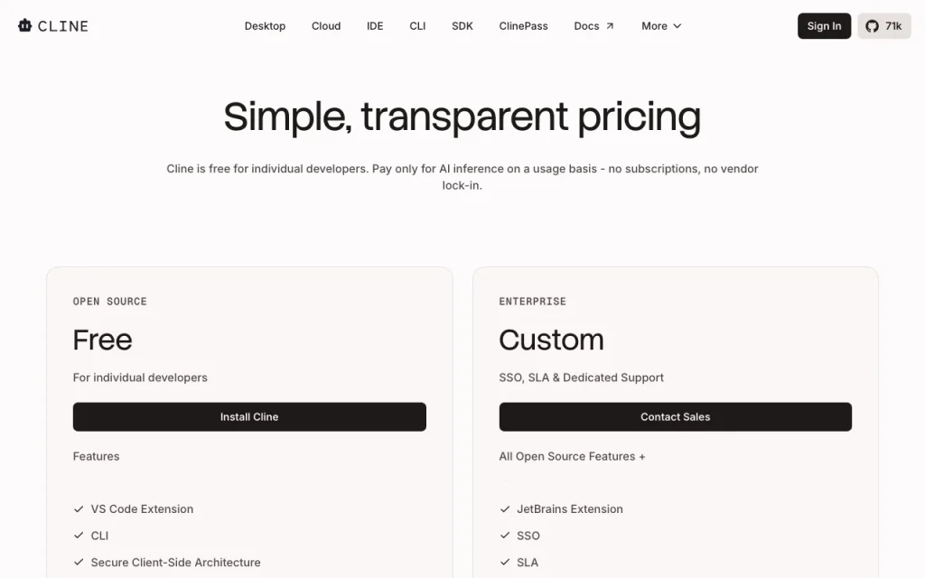 Cline pricing page with plans and prices — screenshot of the coding AI tool, Oct 29, 2026