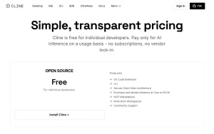 Cline pricing page with plans and prices — screenshot of the coding AI tool, 2026-10-02