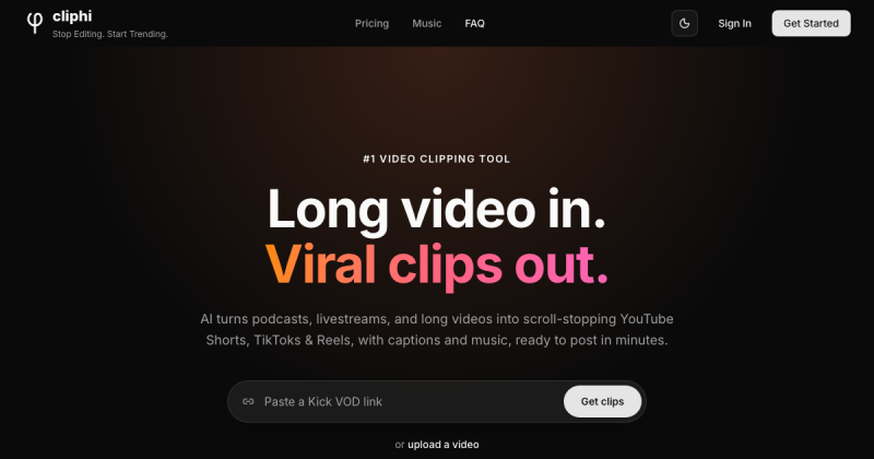 Cliphi homepage screenshot, video AI tool