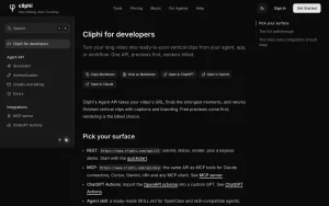 Cliphi docs page homepage screenshot, video AI tool