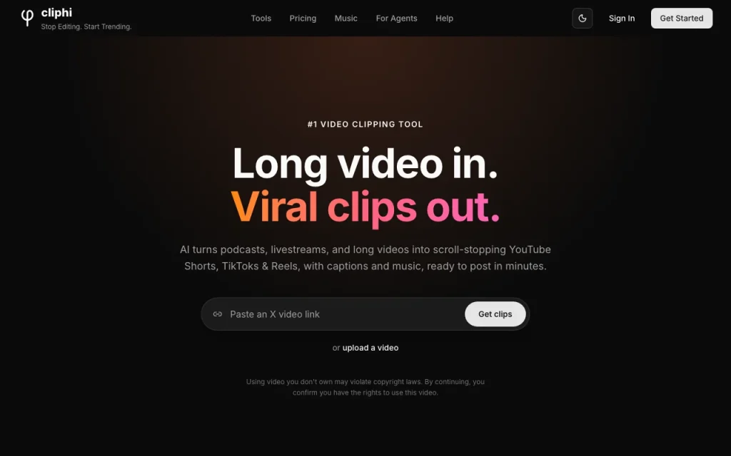 Cliphi homepage — screenshot of the video AI tool, Oct 1, 2026