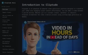 Cliptude documentation — screenshot of the video AI tool, 2026-10-02