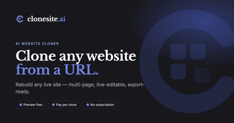 Clonesite homepage screenshot, coding AI tool