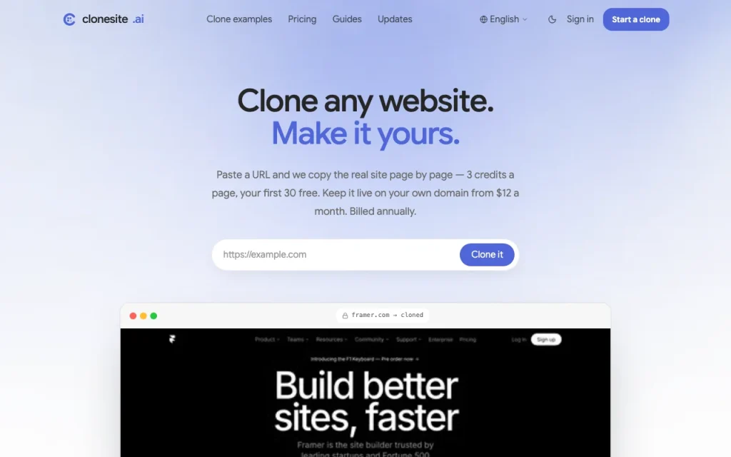 Clonesite página principal — captura de pantalla de la herramienta de IA programación, Oct 1, 2026