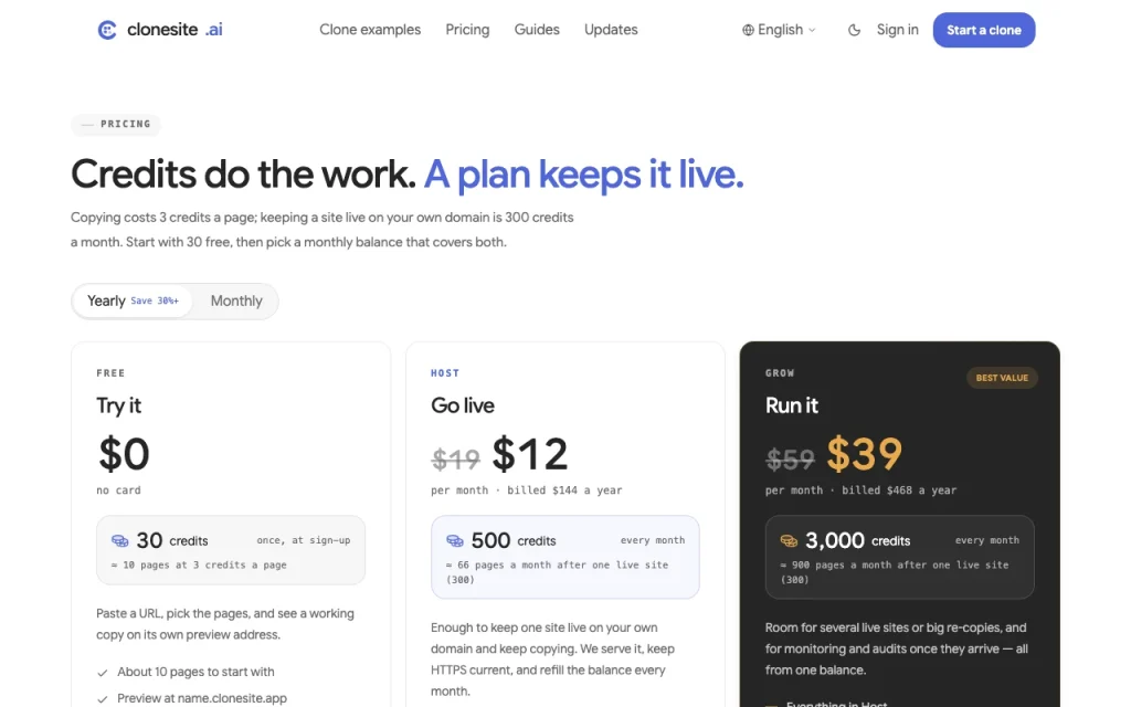 Clonesite página de precios con planes y precios — captura de pantalla de la herramienta de IA programación, Oct 1, 2026