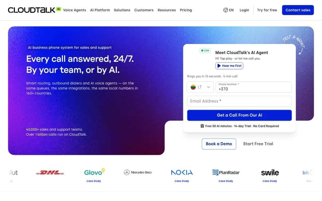 CloudTalk homepage screenshot, audio & voice AI tool