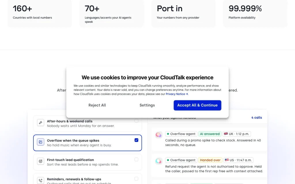 CloudTalk homepage — screenshot of the audio & voice AI tool, Oct 2, 2026