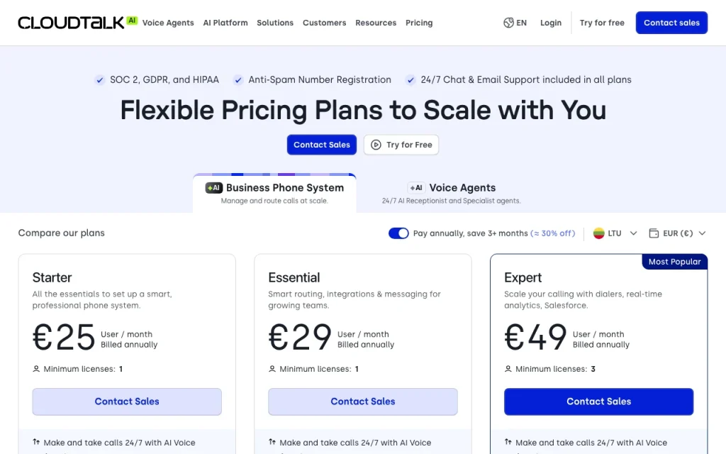 CloudTalk pricing page with plans and prices — screenshot of the audio & voice AI tool, Oct 2, 2026