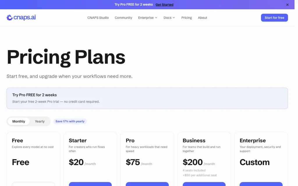 CNAPS pricing page with plans and prices — screenshot of the image generation AI tool, Oct 2, 2026