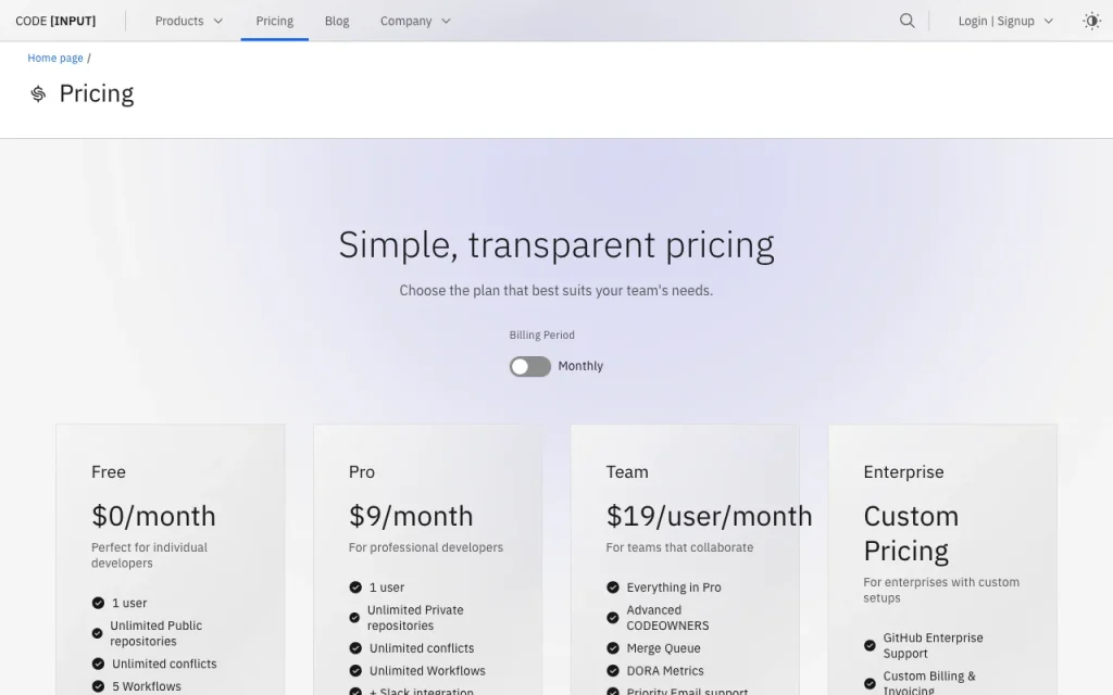 Code Input pricing page with plans and prices — screenshot of the coding AI tool, Oct 1, 2026