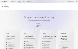 Code Input pricing page homepage screenshot, coding AI tool
