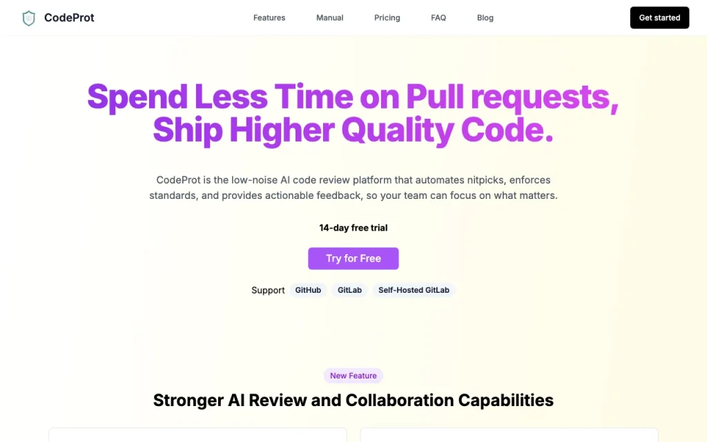 Captura de la página de inicio de CodeProt, herramienta de IA programación