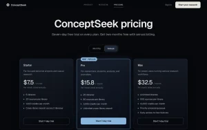 ConceptSeek pricing page homepage screenshot, research & search AI tool