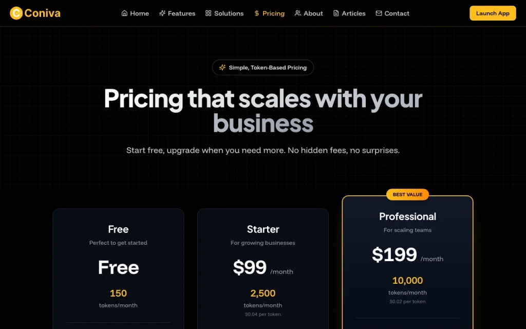 Coniva.ai pricing page with plans and prices — screenshot of the chat assistants AI tool, Oct 2, 2026