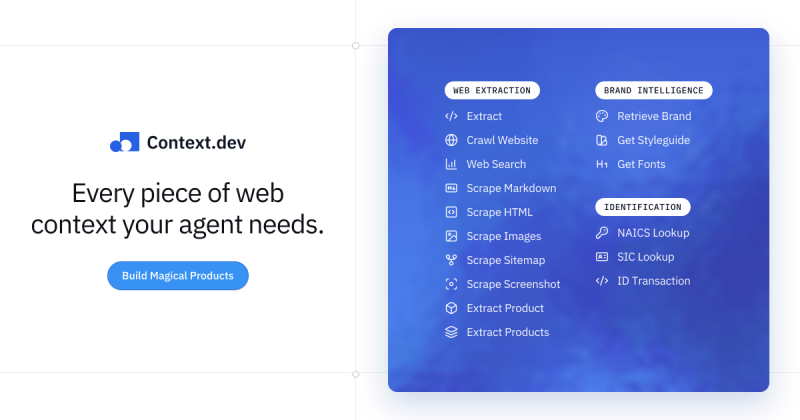 Context.dev Startseite, Screenshot, KI-Tool coding