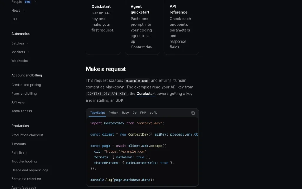 Context.dev documentation — screenshot of the coding AI tool, Oct 1, 2026