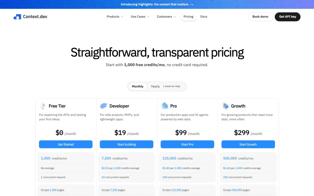 Context.dev pricing page with plans and prices — screenshot of the coding AI tool, Oct 1, 2026
