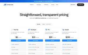 Context.dev pricing page with plans and prices — screenshot of the coding AI tool, 2026-10-01