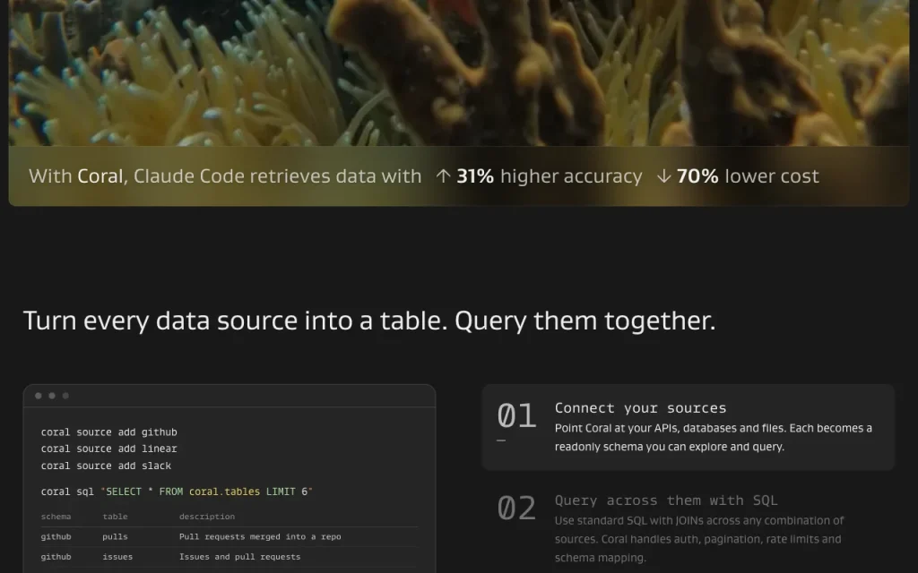 Coral página principal — captura de pantalla de la herramienta de IA programación, Oct 2, 2026