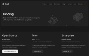 Coral pricing page with plans and prices — screenshot of the coding AI tool, 2026-10-02