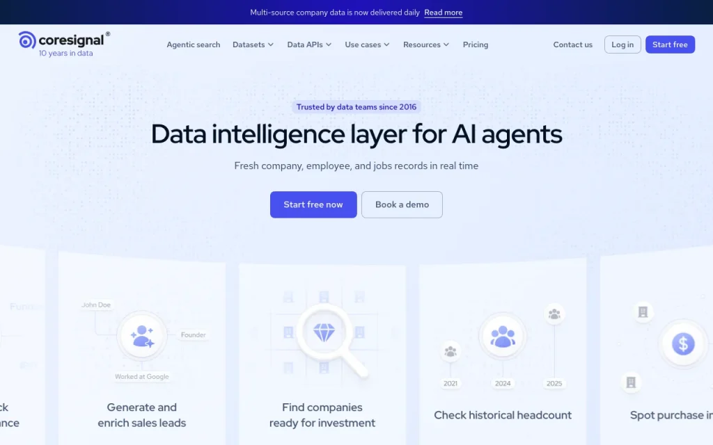 Coresignal homepage — screenshot of the research & search AI tool, Oct 1, 2026