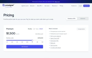 Coresignal pricing page with plans and prices — screenshot of the research & search AI tool, 2026-10-01
