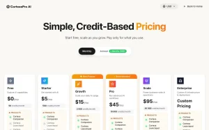 CortexaPro AI pricing page with plans and prices — screenshot of the productivity & writing AI tool, 2026-10-02